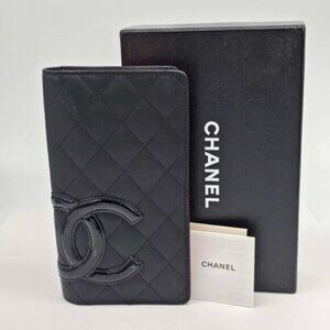 CHANEL Cambon Black Pink Lambskin Long Wallet 385-043025